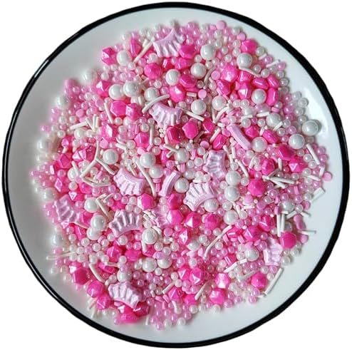 PhilaeEC Pink Princess Sprinkle Crown Pearl Mix Candy Edible Princess Theme Party Cake Decoration Baking Cookie Cupcake Toppers Valentines Halloween Christmas Supplies 3.53oz