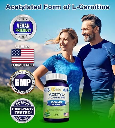aSquared Nutrition Acetyl L-Carnitine 1000mg Per Serving Max Strength - 200 Veggie Capsules - High Dosage Acetyl L Carnitine HCL (ALCAR) Supplement Pills to Support Pure Energy, Brain Function