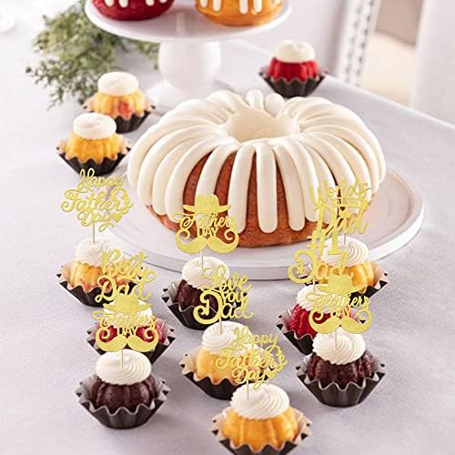 Rsstarxi 24 Pack Happy Father's Day Cupcake Toppers Gold Glitter Worlds Best Dad Love Dad Cupcake Picks for Happy Father 's Day Dad Birthday Theme Party Cake Decorations Supplies