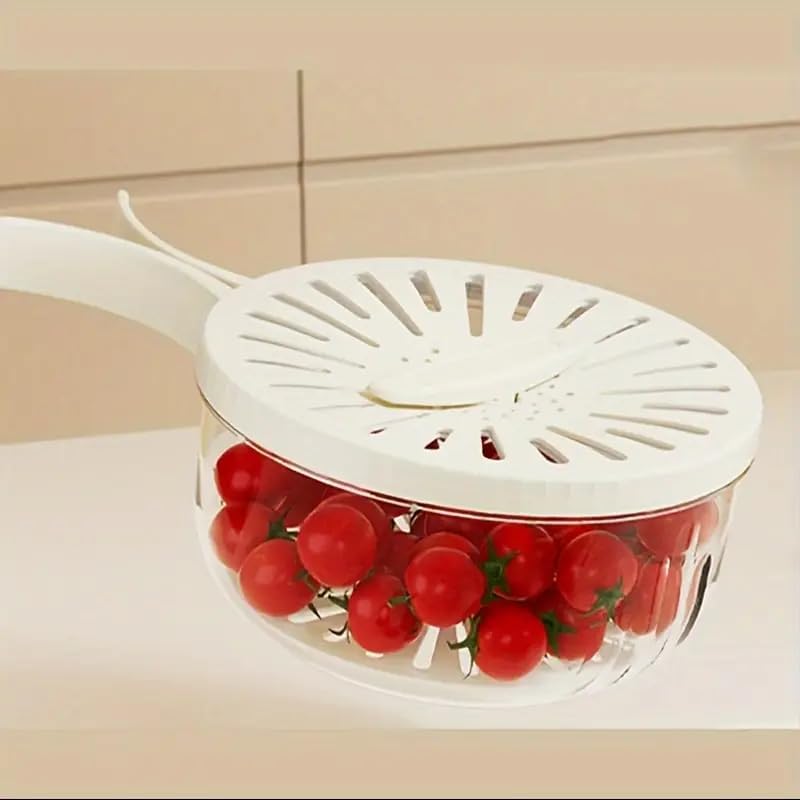 Multifunctional Fruit And Veggie Washing Bowl With Lid Plastic Drain Basket With Foldable Handle For Food Storage Colanders And FoocStrainers For Kitchen (white)