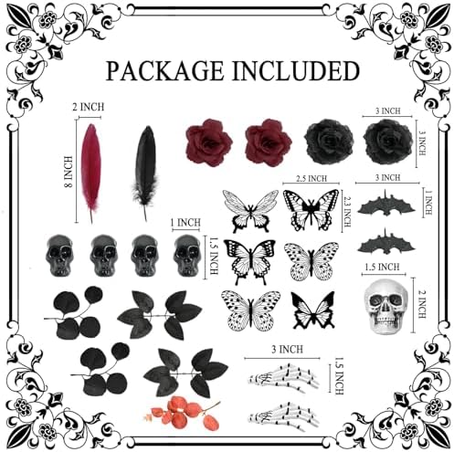 Gothic Cake Decorations - 26PCS Black Cake Toppers with Red Black Rose, Skull, Butterfly Cupcake Toppers for Goth Birthday, Wedding, Halloween