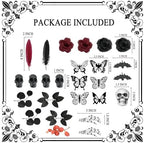 Gothic Cake Decorations - 26PCS Black Cake Toppers with Red Black Rose, Skull, Butterfly Cupcake Toppers for Goth Birthday, Wedding, Halloween