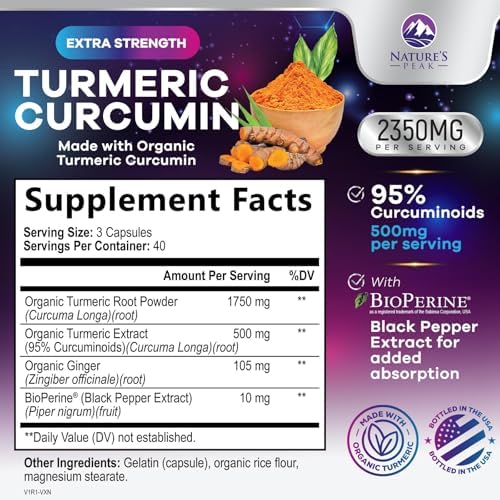 Turmeric Curcumin Supplement - 1750mg Organic Turmeric Per Serving - 95% Curcuminoids, Ginger & BioPerine Black Pepper for Best Absorption - Natural Vegan Joint Support, Bottled in USA - 360 Capsules