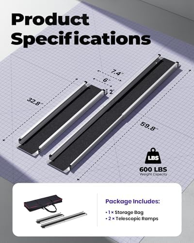 Adjustable Wheelchair Ramp 5FT Telescoping Portable Ramps for Steps Aluminum Lightweight Ramp with Storage Bag Non-Skid Ramps for Wheelchair for Home 60" L x 7.4" W 600lbs Capacity (2 Pack)