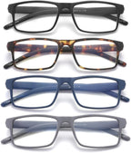 4 Pack Reading Glasses Blue Light Blocking for Men Women, Rectangular Frame Computer Readers with Spring Hinge, Anti Eyestrain/UV Ray Eyeglasses 1.75x