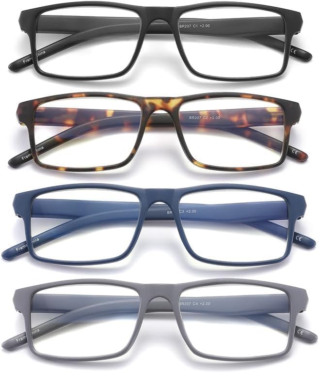 4 Pack Reading Glasses Blue Light Blocking for Men Women, Rectangular Frame Computer Readers with Spring Hinge, Anti Eyestrain/UV Ray Eyeglasses 1.75x