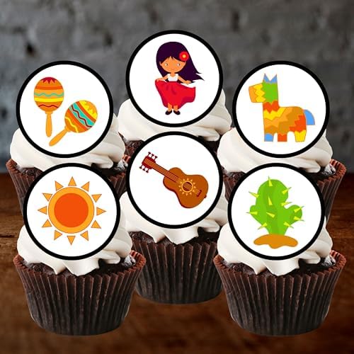 24 Mexican Mexico Theme #1 Edible Cupcake Toppers - Stand Up Discs Wafer Cake Decorations, Mexican Fiesta Party Decorations, Taco Birthday Party Supplies, Sugar Skulls Cake Toppers, 24 x 4cm / 1 Inch