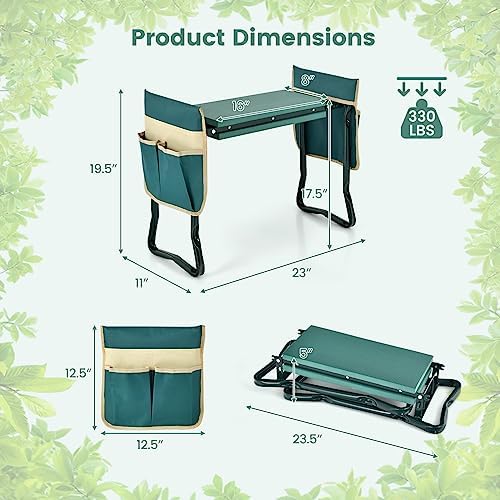 Goplus Garden Kneeler and Seat, Foldable Garden Bench for Kneeling & Sitting, Widened 8" EVA Soft Foam Pad, Heavy-Duty Garden Stool w/ 2 Large Tool Pouches, Gardening Gift for Women Men Seniors