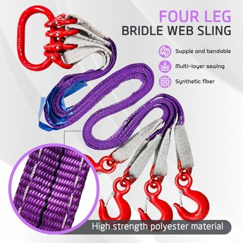 Four Leg Bridle Web Sling 5ft 6600lbs Lifting Slings with G80 Alloy Steel Grab Hooks and Adjuster Polyester Webbing Purple Rigging Straps for Safe Towing and Handling of Cargo