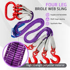 Four Leg Bridle Web Sling 5ft 6600lbs Lifting Slings with G80 Alloy Steel Grab Hooks and Adjuster Polyester Webbing Purple Rigging Straps for Safe Towing and Handling of Cargo