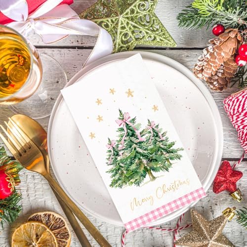 Whaline 100Pcs Christmas Guest Napkin Pink Bow Xmas Tree Disposable Paper Napkins Gold Foil Snowflake Dinner Hand Napkins for Party Table Supplies