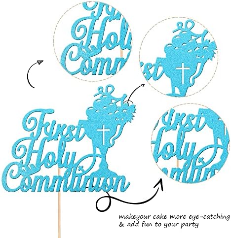 Rsstarxi 1 Pack First Holy Communion Cake Topper Christian Baptism Cake Picks Religious God Bless Baby Shower Kids Birthday Cake Decorations for Wedding Baptism Christening Party Supplies Blue