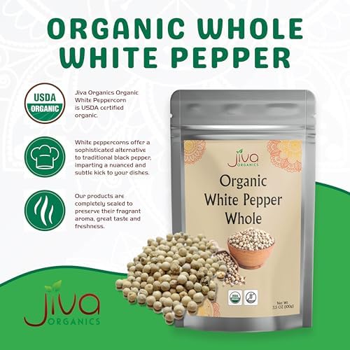 Jiva Organics Organic White Peppercorns Whole 3.5 oz (100g) – Pure, Non-GMO, White Pepper – Bold Flavor for Grinders, Cooking, Seasoning, Marinades