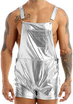 YiZYiF Men's Shiny Metallic Shorts Dungarees Suspender Hot Pants Spandex Leotard Bodysuit