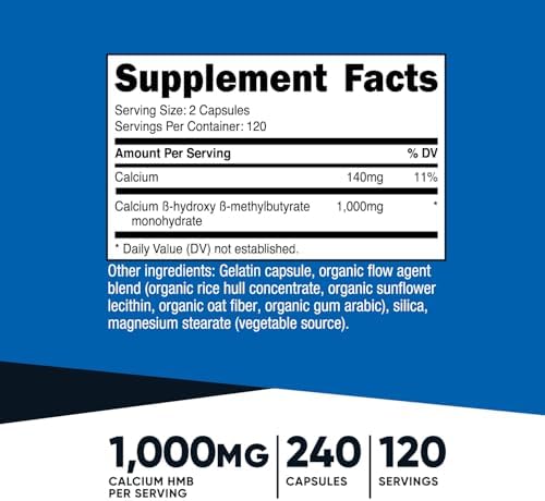 Nutricost HMB (Beta-Hydroxy Beta-Methylbutyrate) 1000mg (240 Capsules) - 500mg Per Capsule, 120 Servings - Gluten Free and Non-GMO