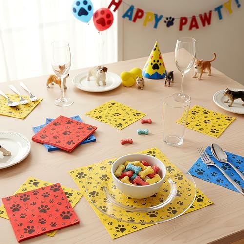Glenmal 60 Pcs Paw Print Napkins, Red Yellow Blue Disposable Paper Party Napkins, 2 Ply Adorable Dog or Cat Tissue Paper for Doggy Animal Themed Party Pets Kid's Birthday Baby Shower