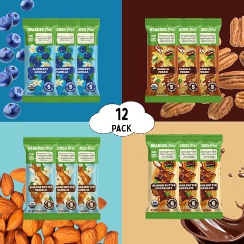 Bearded Brothers Organic Vegan Energy Bars - Gluten & Soy Free, Paleo, Whole 30 | Non GMO, Low Glycemic, High Protein, Fiber (12 Count (Pack of 1), Variety Case)