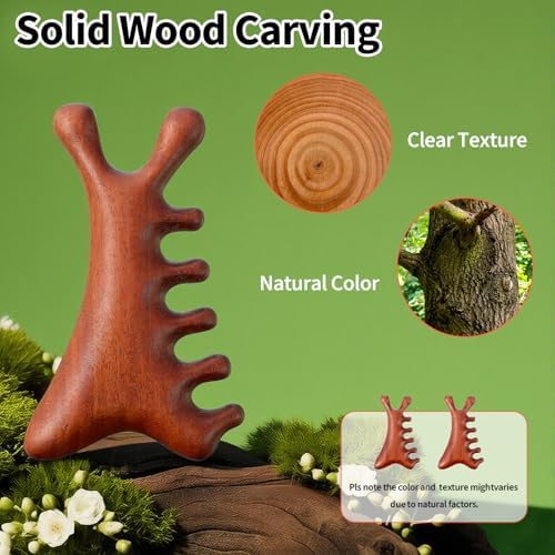 4 in 1 Natural Sandalwood Gua Sha Massage Tool, Face Eye Neck & Body Meridian Therapy Tool for Relaxation Lymphatic Drainage Massage Comb for Home Office Travel