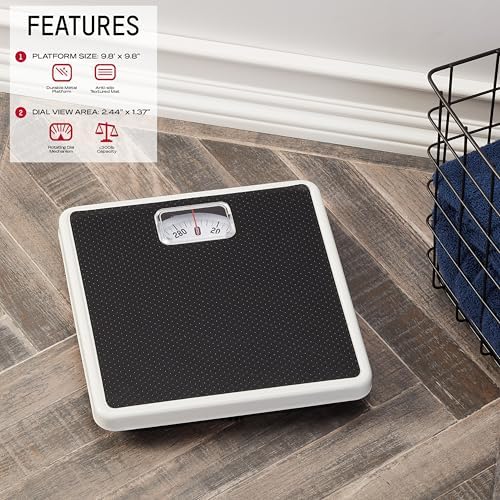 Taylor Analog Bath Scale, Classic Dial Body Weight Monitor, Mechanical Non-Digital Weighing Device with 300 lb Capacity, Battery-Powered Design, Sleek Black Finish for Daily Home Use, Black