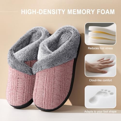 Slippers for Women Fuzzy House Slip on Indoor Outdoor Bedroom Furry Fleece Lined Ladies Comfy Memory Foam Female Home Shoes Anti-Skid Rubber Hard Sole