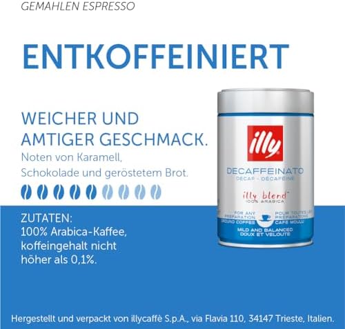 illy Ground Coffee Espresso - 100% Arabica Coffee Ground – Classico Decaf Roast - Notes of Caramel, Toasted Bread & Chocolate - Rich Aromatic Profile - Precise Roast - No Preservatives – 8.8 Ounce