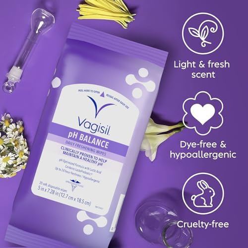 Vagisil pH Balance Daily Freshening Wipes for Feminine Hygiene in Resealable Pouch, Gynecologist Tested & Hypoallergenic, 20 Wipes (Pack of 1)