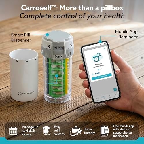 Smart Pill Dispenser for 4 Daily Doses – Weekly Pill Organizer with AM/PM Labels, Smooth-Sliding Cartridges, Medication Organizer for Adults & Seniors, Compact Pill Storage Box