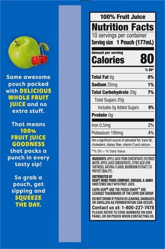 Capri Sun 100% Juice Apple All-Natural Juice from Concentrate with added ingredients, 10 ct Box, 6 fl oz Pouches