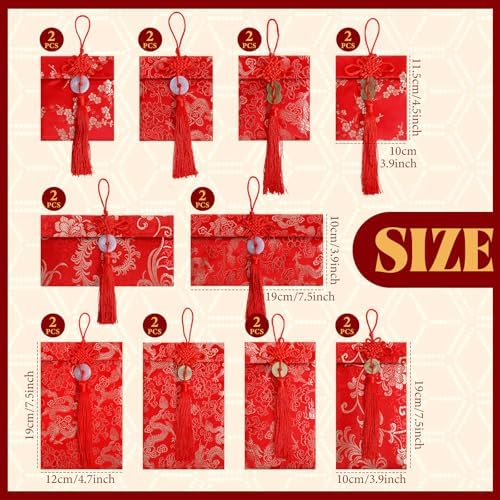 Shinylin 20 Pack Chinese New Year Silk Red Envelopes Brocade Lunar New Year with Chinese Knot, Coins & Jade Charms – 3 Sizes Lucky Envelopes for Spring Festival, Lunar 2026 Hongbao, Gift Giving