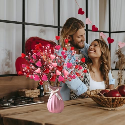 Valentine’s Day Gifts 12 Pcs Heart Shaped Berry Picks Artificial Red Heart Pearl Berry Twig Stem Branches with Red Pink Fluffy for Valentine’s Day Anniversary Flower Bouquets Wedding Home Decor