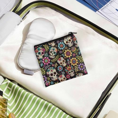 Zipper Period Pouch Sanitary Napkin Storage Bag for Women Girls Flowers Sugar Skull Portable Menstrual Pad Pouches Tampon Holder Bag