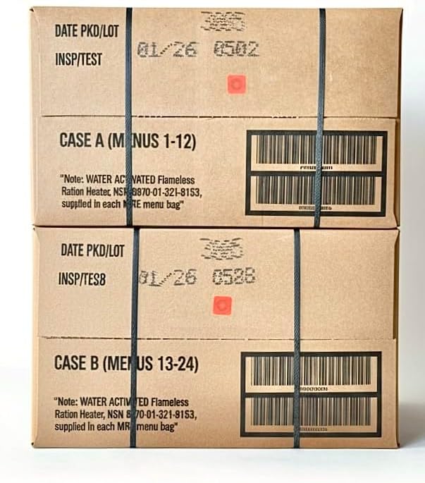 2026 MRE 24 Meals Ready to Eat A and B Cases Genuine Military Emergency Long Shelf Life Variety Pack for Camping, Outdoors & Prepping