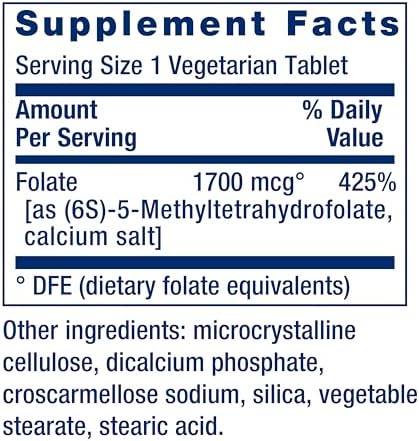 Life Extension Optimized Folate – L-methylfolate – Heart & Brain Support, Healthy Homocysteine Levels – Non-GMO, Gluten-Free, Vegetarian – 1700 mcg DFE, 100 Vegetarian Tablets