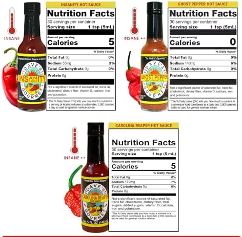Dave's Gourmet Super Spicy Hot Sauce Variety 3 Pack - Includes Original Insanity, Ghost Pepper Naga Jolokia, and Carolina Reaper - Hot Sauce Set - Spicy Sauce for Burgers, Wings, Tacos - 5oz Bottles