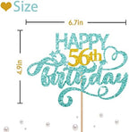 Sky Blue Glitter Happy 56th Birthday Cake Topper, Fifty Six Years Old Birthday Party Cake Decor, Gold Number 56 Birthday Party Supplies Decorations for Man or Woman