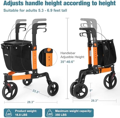 3 Wheel Walkers for Seniors, Foldable Rollator Walker with Tray & Large Storage Bag, 10" Big Wheel for All Terrain, 350 lb Weight Capacity, Orange