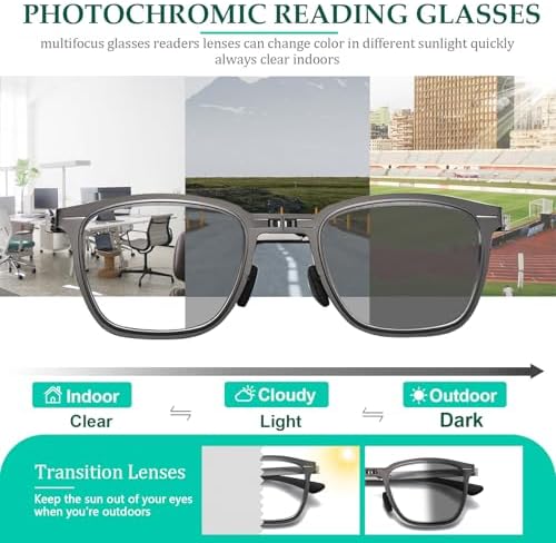 Mens Folding Photochromic Progressive Reading Glasses Blue Light Blocking Metal Foldable Multifocal Readers No-Line