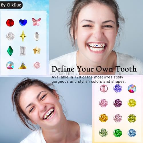 CiikDux DIY Tooth Jewelry Kit - 770 Crystals, 12 Shapes Bedazzle Gems, Teeth Jewelry Starter Set