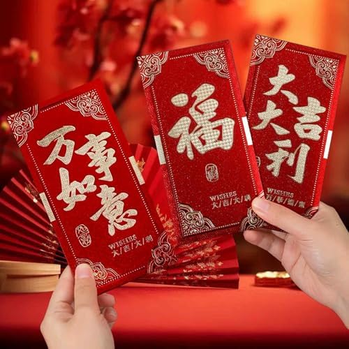 12 pcs Thick Chinese Red Envelopes for Lucky Money, Hong Bao Red Packet for Lunar New Year Spring Festival Wedding All Occasions