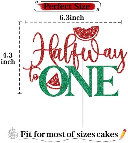 Red Glitter Half Way to One Cake Topper, Watermelon Sweet 6 Months Cake Décor, Summer Luau Hawaiian Watermelon Themed Baby's 1st Birthday Party Decorations Supplies