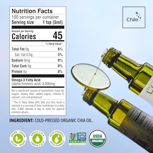 Seeds of Wellness - Organic Chia Seed Oil, Essential Bio Nutrients, Fatty Acids Omega-3 ALA Plant-Based, Cold-Pressed, Unrefined, Non GMO, 16.9 Fl Oz (500 ml) Glass Bottle, Pack of 1, Chile