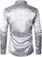 ZEROYAA Men's Luxury Jacquard Long Sleeve Dress Shirt Shiny Satin Slik Like Wedding Party Prom Shirts