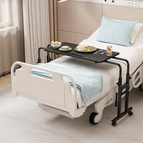 Overbed Table with Wheels, Adjustable Height and Length Over Bed Desk, Hospital Heavy Duty Metal Leg Laptop Stand for Adults