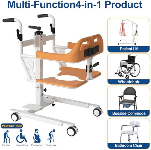 Patient Lift Transfer Chair for Home, Adjustable Height Transfer Wheelchair with 180° Split Seat, Portable Mobility Transport Chair for Elderly, Disabled & Caregiver Use
