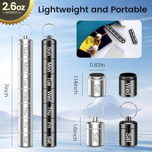 2 Pack Weekly Pill Organizer, QuwaYee Portable Small Pill Case Waterproof Keychain Pill Holder for Travel, Metal Medicine Organizer Box for Vitamin, Fish Oil, Supplement