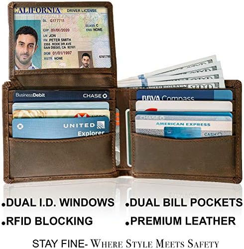 Top Grain Leather Wallet for Men | RFID Blocking | Extra Capacity Bifold Wallet with 2 ID Windows | Ultra Strong Stitching | Slim Billfold with 8 Card Slots | Gift for Him