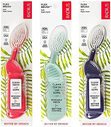 RADIUS Toothbrush Flex Brush BPA Free & ADA Accepted Designed to Improve Gum Health & Reduce Gum Issues - Right Hand - Purple/Watermelon/Mint - Pack of 3