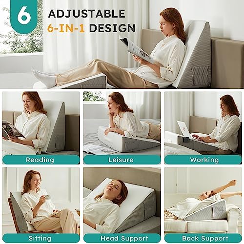 Bedluxe Wedge Pillow, 12 inch Bed Wedge Pillow for Headboard, Pillow Wedge for Acid Reflux Relief, Sleeping, After Surgery, Snoring, Gerd, Triangle Pillow Wedge - Cooling Memory Foam Top, White/Grey