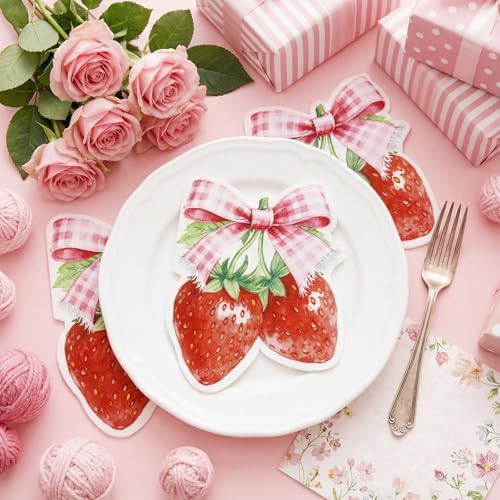 NatNarr 60 Pcs Strawberry Napkins, Pink Bow Strawberrys Cocktail Napkins Strawberry Party Decorations for Baby Shower, Sweet One Birthday, Berry Theme Party