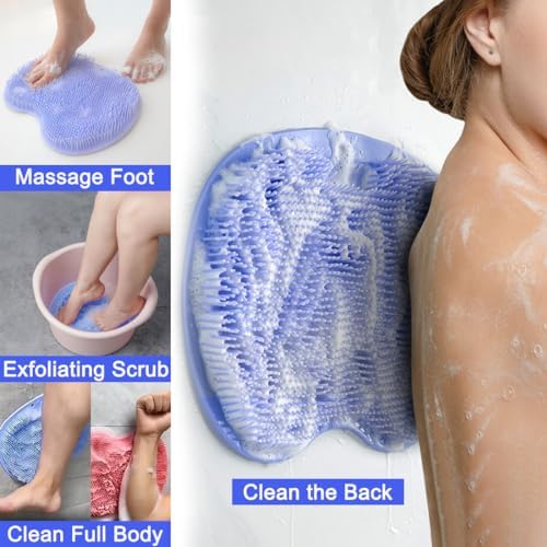 2 PCS Shower Foot & Back Scrubber Mat Hands Free Foot Massager Mat with Non-Slip Suction Cups, Wall Mounted Silicone Bathroom Wash Foot Pad Exfoliating Dead Skin Foot Brush (Grey & Purple)
